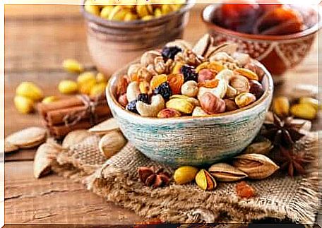 A bowl of dried fruit. 